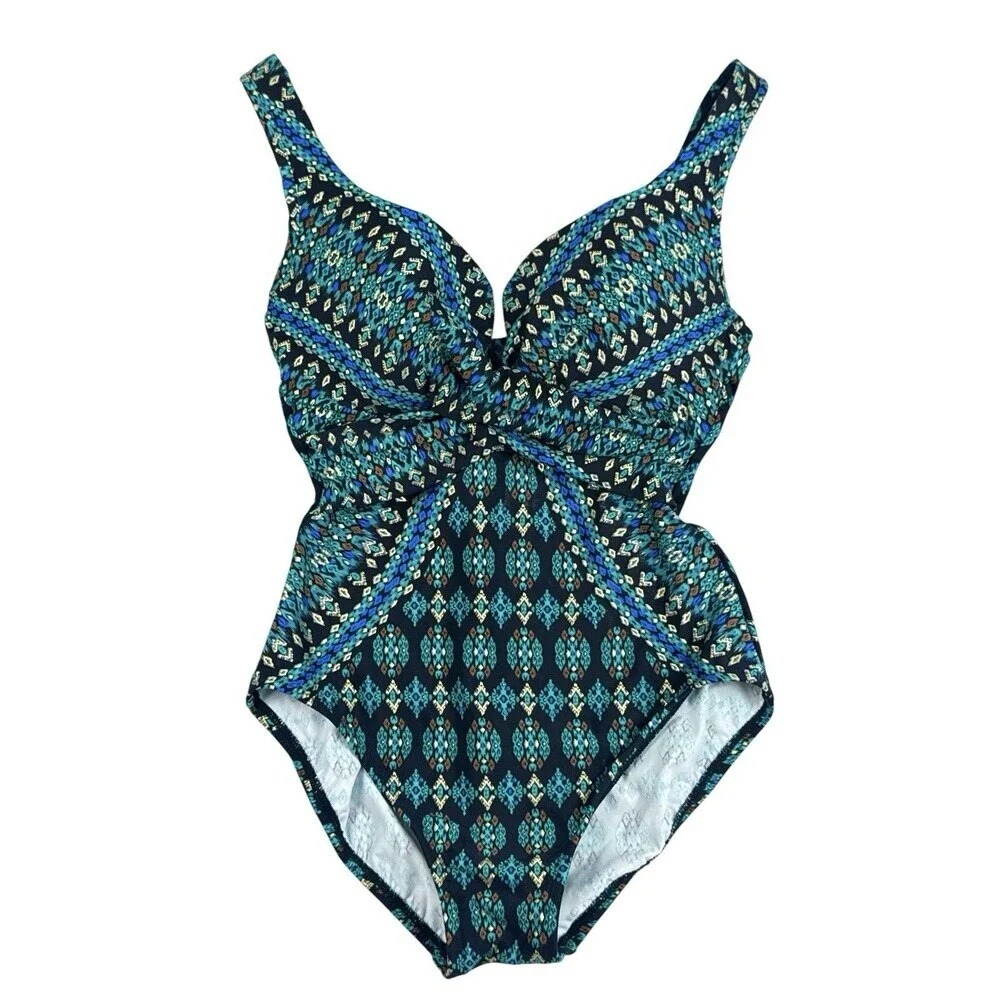 Miraclesuit Amarna Criss Cross Escape One Piece Swimsuit Black Multi US 10